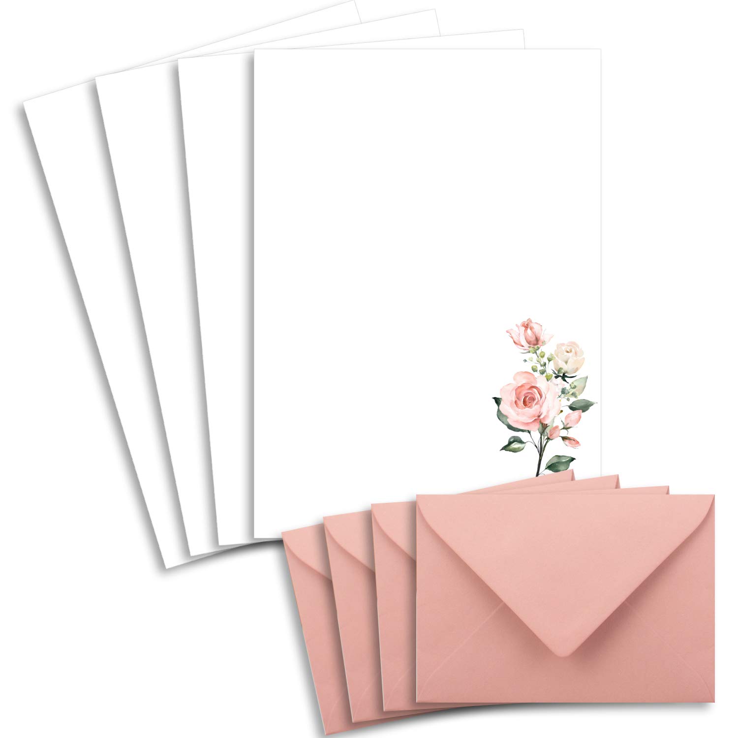 25 Sets of Letter Paper DIN A4 – Natural Paper in Cream with Rose Branches – with Envelopes DIN C6 in Dusky Pink Letter Paper – Printable – Ideal for Wedding Invitations
