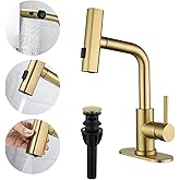 TRIPHIL Waterfall Bathroom Faucets with 3 Mode Pull Down Sprayer,Single Handle Modern Bath Sink Faucet with Pop Up Drain and Deck Plate,Brusehd Gold 1 Hole RV, Bar,Restroom,Lavatory,Vanity Tap