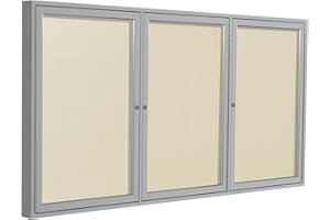 Ghent 36"x72" 3-Door Outdoor Enclosed Vinyl Bulletin Board, Shatter Resistant, with Lock, Satin Aluminum Frame - Ivory (PA33672VX-185), Made in the USA