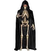 PAMASE Velvet Cloak for 12 Foot Skeleton Halloween Outfits | Thick Black Hooded Cape, Ties/Adhesives for Secure Fit, 12 FT Skeleton Accessories for Halloween Costumes Decor Outdoor
