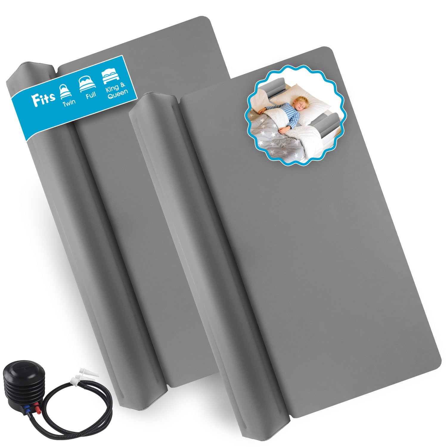 Photo 1 of [2-Pack Inflatable Bed Rails for Toddlers with Pump] Soft Odorless TPU Bed Bumpers for Kids – Portable Non-Slip Travel Safety Guard for Twin, Full, Queen & King Beds – Washable & Easy to Inflate