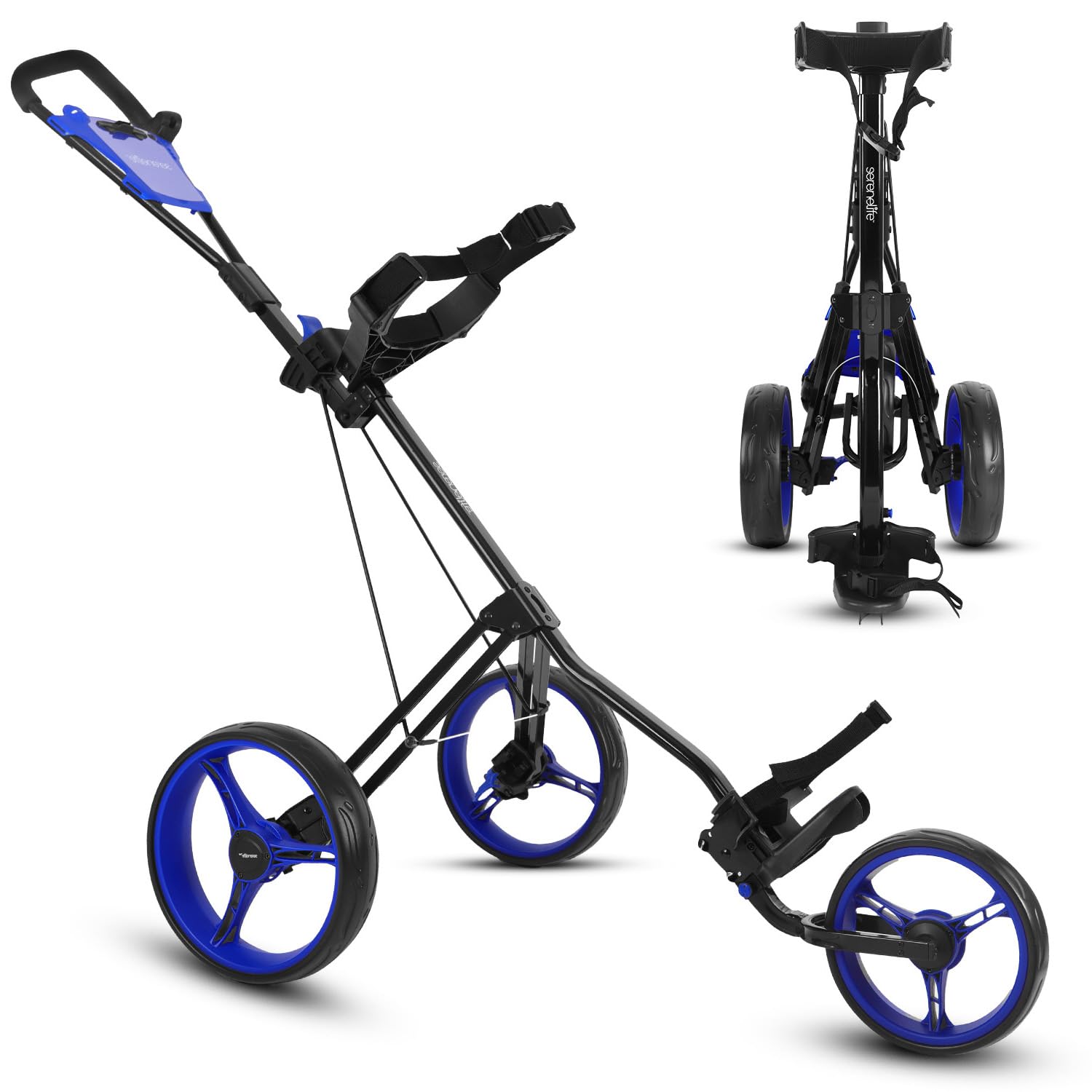 SereneLife Premium Foldable Golf Push Cart 3 Wheel – Lightweight Aluminum Frame, Front Swivel Control, Dual Brake, Cup Holder, Scorecard Holder, Golf Cart Bag Push Trolley Image
