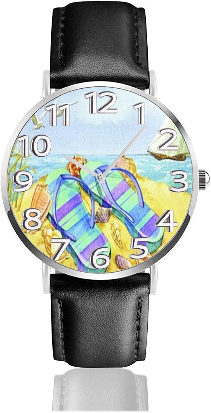 Wrist Watch Relax Flip Flop Watercolor Durable PU Leather Strap Quartz