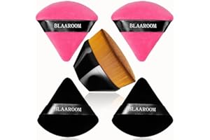 BLAAROOM 4+1 Pcs Velour Triangle Powder Puff and Flat Top Hexagon Kabuki Foundation Brush for Face Makeup Eyes Contouring Bod for Mixed Liquid Cream Flawless Loose Powder Cosmetic Foundation Makeup Tool Set
