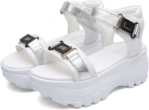 Amazon Yuyuchi レディース 厚底サンダル 厚底 スポーツサンダル コンフォートサンダル マジックテープサンダル 22 5cm ホワイト ファッションサンダル