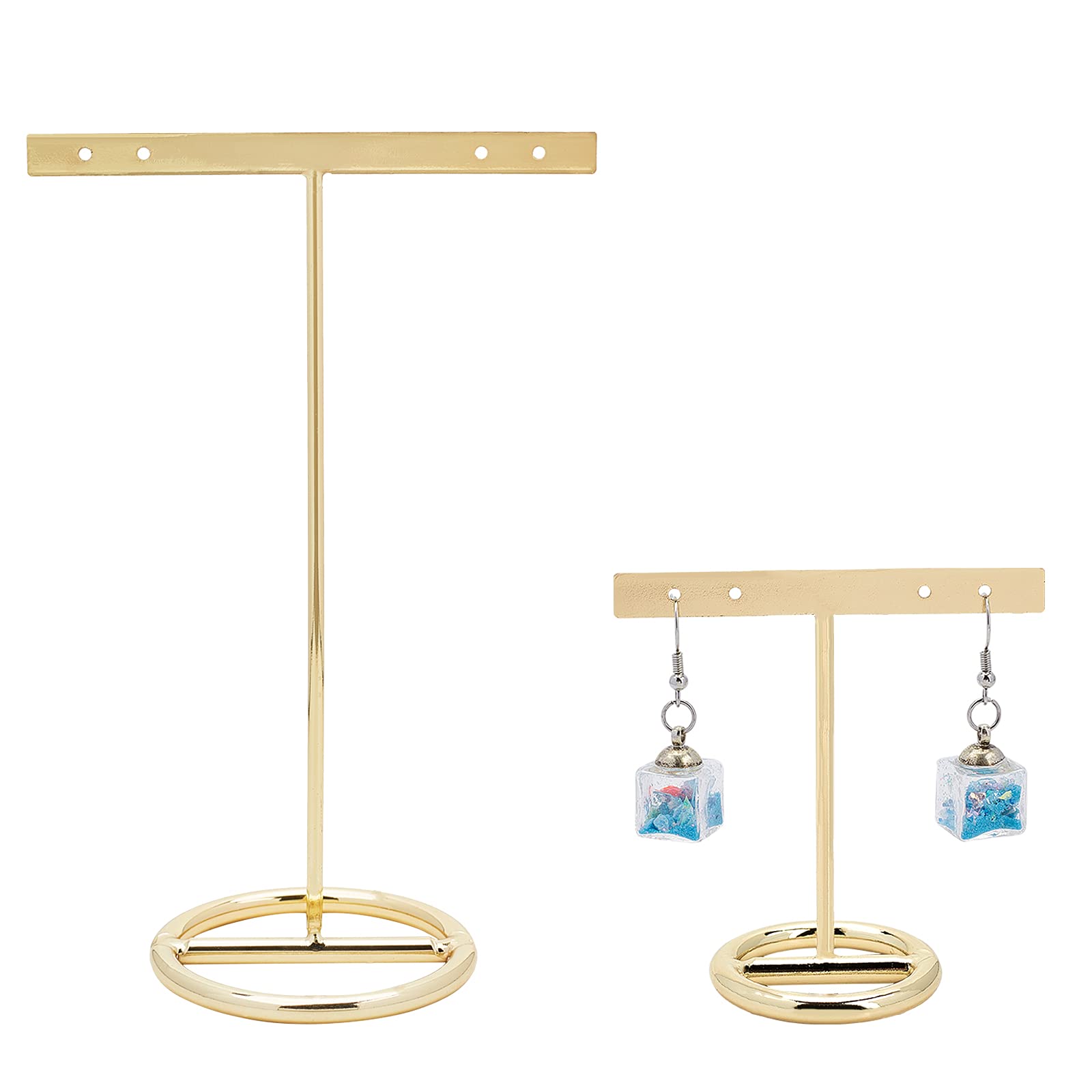 FINGERINSPIRE Gold Metal 2Pcs T Bar Earring Display Stand 4 Holes Jewelry Holders Hanging Jewelry Organizer for Jewelry Online Store Retail Photography Props【Gold- Round Base 2 Heights 151mm & 72mm】
