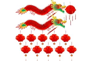 Upgraded Chinese New Year Dragon 2025, Angela&Alex 13 Pieces Chinese 3D Paper Dragon with Ball and Red Lanterns for Chinese New Year Decorations, Chinese Spring Festival Home Party Decor