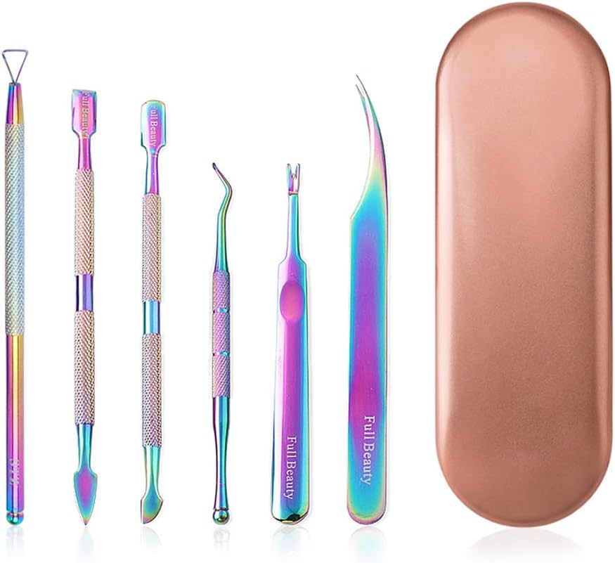 Tingbeauty 6 PCS Cuticle Pusher Remover Kit Professional, Stainless Steel Double Ended Manicure and Pedicure Tools Set for Nails Care Beauty Clean Fingernails Toenails with Storage Case (Chameleon)