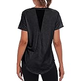 Beuwltpa Women's Long Workout Tops,Short Sleeve Dry-Fit Mesh Open Back Loose Fit Gym Athletic Running Shirts Exercise Tee