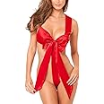 NewBull Women's Sexy Satin Unwrap Me Babydoll Lingerie Bowknot Teddy Bodysuit Underwear One Piece Backless Nightwear Red Big Bow Gift Naughty Sleepwear for Ladies Valentine's Day Christmas Outfit