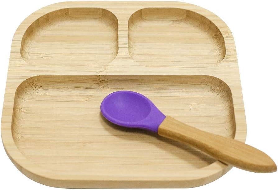 Homevibes Baby Suction Plate and Spoon Set, Silicone & Natural Bamboo Toddler Feeding Training Plate with 7 Colors (Purple)