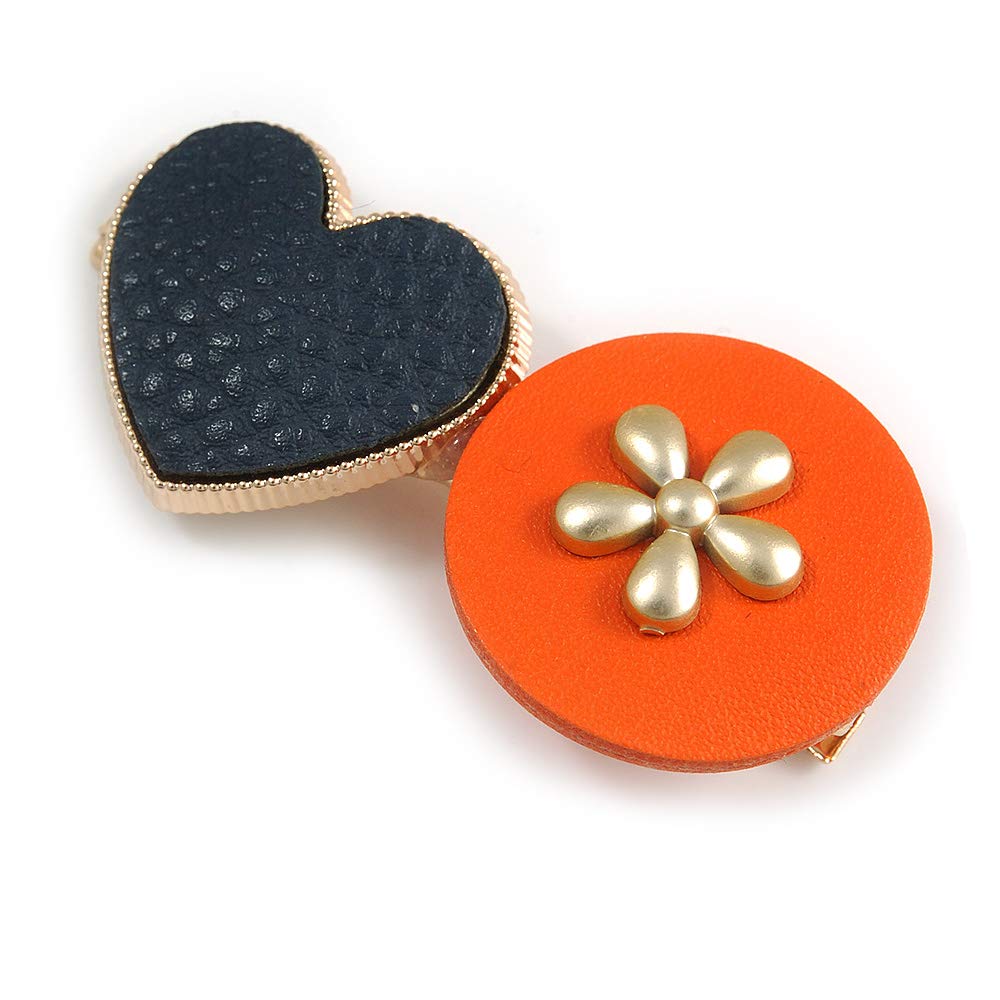 Romantic Gold Tone PU Leather Heart and Flower Hair Beak Clip/Concord Clip (Dark Blue/Orange) - 60mm L