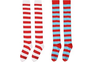 TOWNUS 2 Pairs Striped Socks Over Knee Thigh High Stockings for Dr Seuss Women Girls Thing 1 Thing 2 Costume Accessory