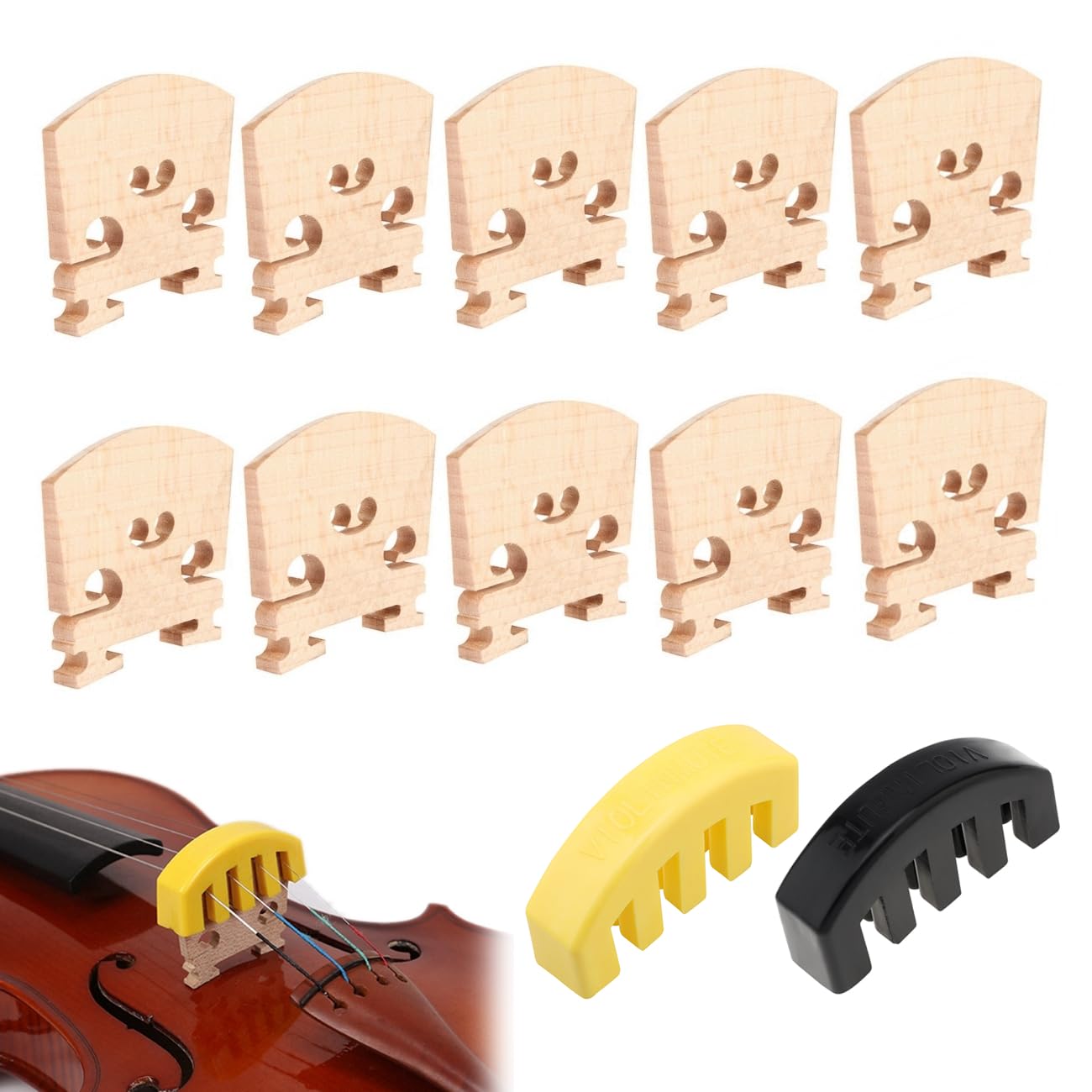 MuzcYM 10pcs 4/4 Solid Maple Violin Bridges with 2pcs Violin Mutes Bridge & Silencer Set