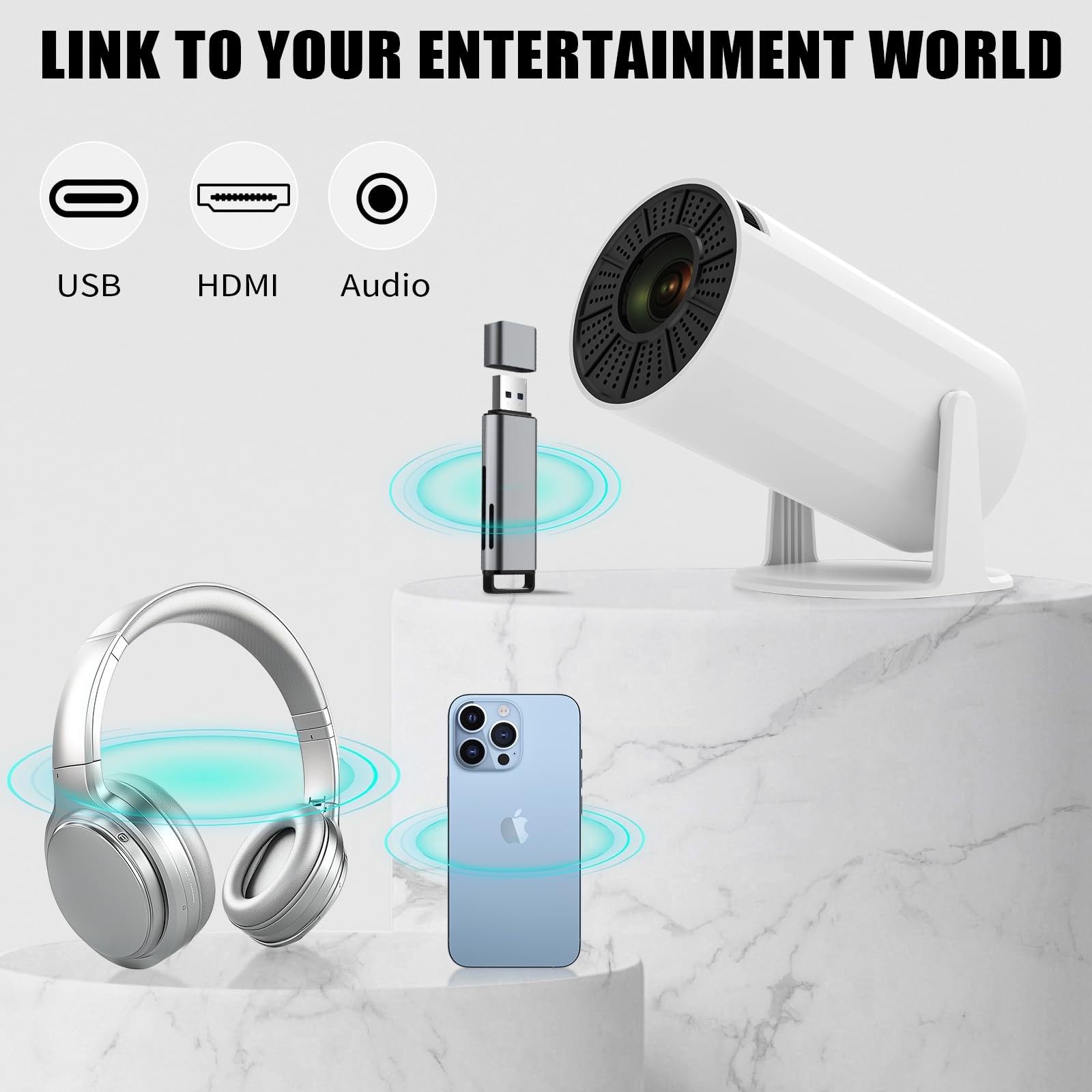 LJYT mini projector, 1080P Portable Projector, Support 4K，WiFi 6, Android 11 ,200 ANSI Lumens, Auto Keystone, Bluetooth 5.4, 210° Rotation, Compatible with TV Stick/HDMI/USB/Smartphone (White)
