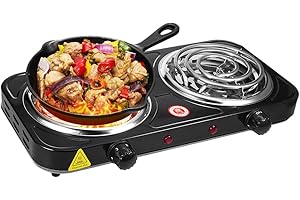 KQIANG Hot Plate for Cooking, Electric Double Burner Cooktop with Dual Control & 5 Level Temperature Control, 2000W Portable Electric Double Coil Burner, Easy to Clean Hot Plate Burners for Kitchen Camping