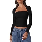 QINSEN Long Sleeve Square Neck Tops for Women Double Lined Side Ruching Going Out Shirts Basic Tee