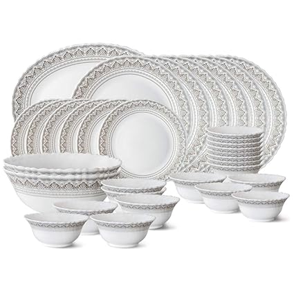 Larah by Borosil Classic Opalware Dinner Set, 33-Pieces, White