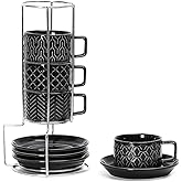 Sureasy 4 Ounce Ceramic Espresso Cups Set of 4 - Stackable Demitasse Cups with Saucers & Metal Stand, Coffee Cups for Latte, Tea, Dishwasher & Oven Safe, Black