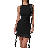 Kaximil Women's Sexy Sleeveless Mini Party Dress Ruffle Ruched Backless Club Short Dresses