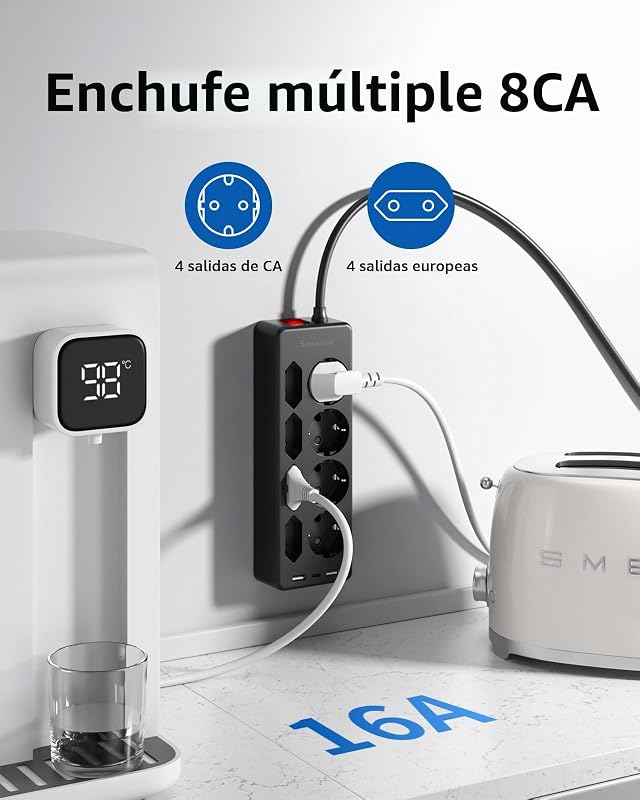 Regletas Enchufes con USB,Regleta 8 Tomas de AC y 2 USB A 1 USB C Enchufe Multiple,Regleta Enchufes Proteccion Sobretension, 2 M Alargador Enchufe con Interruptor para Mesa, Oficia, Casa, Negro