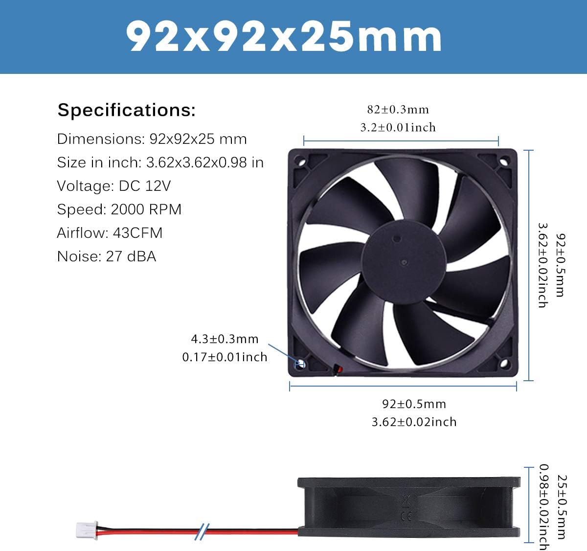 GDSTIME 12V Fan 92mm 92 x 25mm PC Computer Fan 92mm Case Cooler 2000 RPM DC Brushless Cooling 9CM For Router Cabinet Projector DVR - Image 3