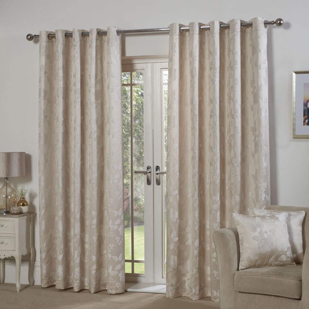 Emma Barclay – Fully Lined Curtains for Bedroom Living Room Jacquard Eyelet Two Panel Floral Curtains Butterfly Meadow Collection (66” x 54” Inch)(Cream)