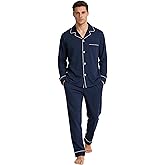 U2SKIIN Mens Cotton Pajama Set, Soft Long Sleeve Pajamas for men Lightweight Button Up Sleepwear Lounge Pjs Set with Pockets