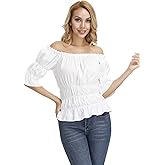 frawirshau Steampunk Pirate Shirt Renaissance Peasant Blouse Off The Shoulder Tops Short Sleeve Smocked Wench Top Lightweight