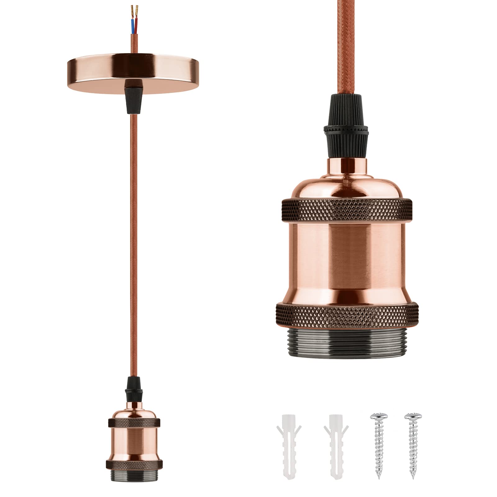 Glirowy Vintage Ceiling Pendant Light Fitting, Braided Flex E27 Lamp Holder Copper Ceiling Rose with 1.1M Cable-Red Antique Copper — image 1