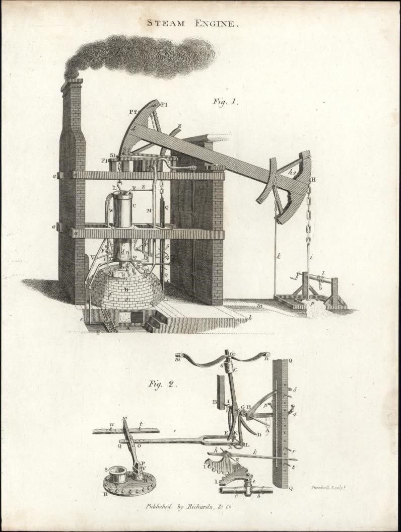 Steam engine mechanics technology Industrial Revolution 1812 fine antique print