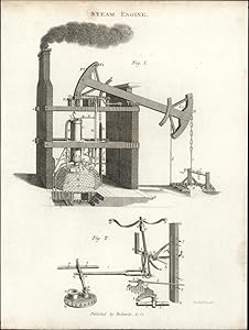 Steam engine mechanics technology Industrial Revolution 1812 fine antique print