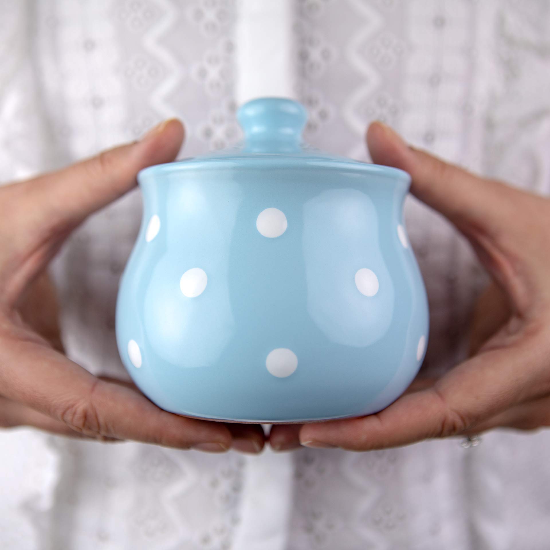 City to Cottage Ceramic Sugar Bowl with Lid, 10oz Contanier for Coffee Bar, Dispenser Bowl, Salt - Condiment Pot for Kitchen Counter, Handcrafted Sky Baby Blue Polka Dot Sugar Jar