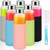 Gabotrie 6Pack Glass Juice Bottles, 18 Oz Glass Water Bottles, Reusable Drinking Bottle with Stainless Steel Cap, Silicone Sleeve 1 Brush, Clear Water Bottle for Juice Beverages, BPA Free & Leak Proof