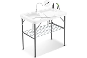 Avocahom 37" Folding Fish Cleaning Table Portable Camping Sink Table w/Dual Water Basins, Faucet Drainage Hose & Sprayer Outdoor Fish Fillet Cleaning Station w/Knife,Black