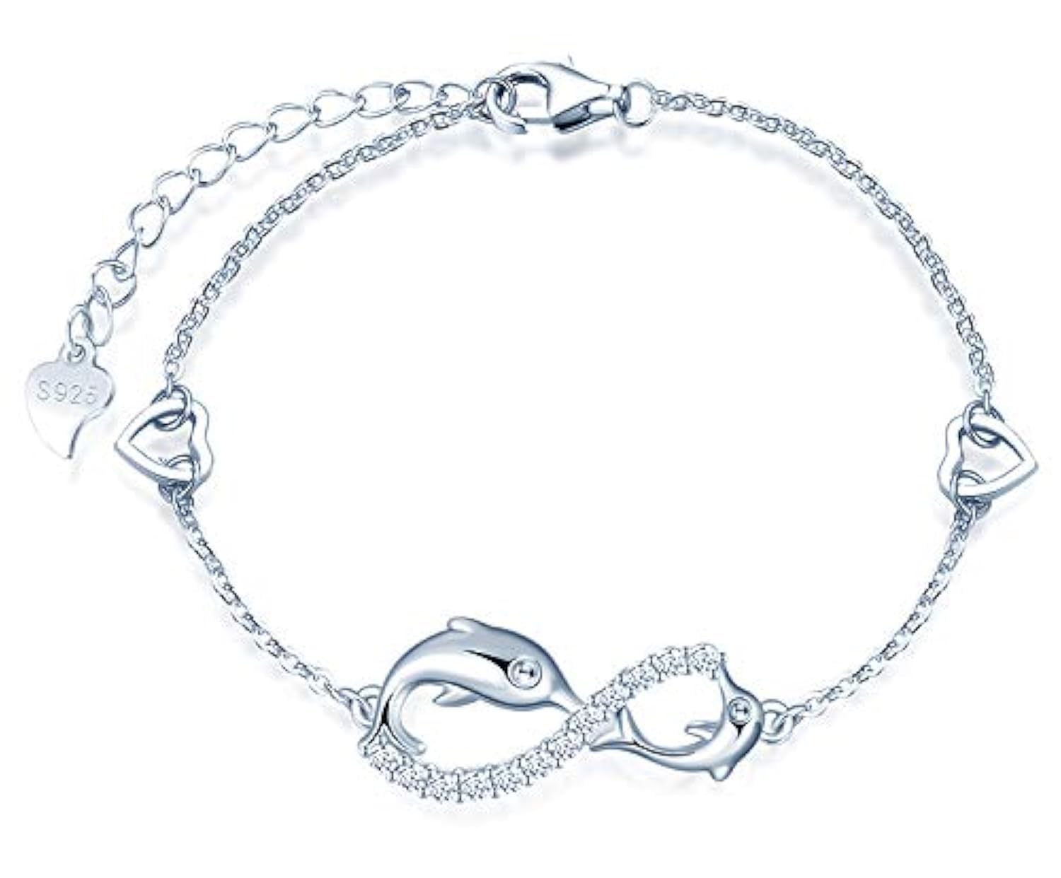 MicLee Woman's Girl's Bracelet, 925 Sterling Silver, Dolphin & Infinity Symbol, Mini Hollow Heart, Zircon Inlaid, Adjustable Chain, Animal Bracelet, Silver