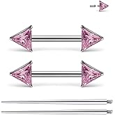 Ruifan Titanium Internally Threaded Nipple Piercing Jewelry Ring CZ Opal Triangle Tongue Rings Straight Barbell Body Piercing Jewelry for Women Men 14G 14MM With Straight Piercing Taper