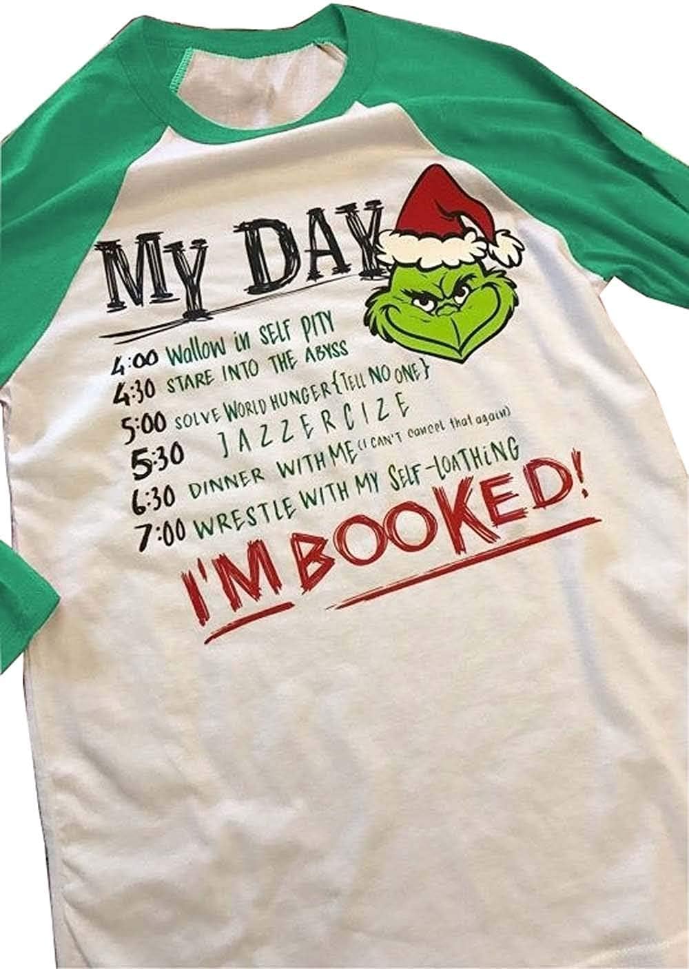 Women Christmas Grinch Letters Print Funny I'm Booked Baseball T-Shirt Tops