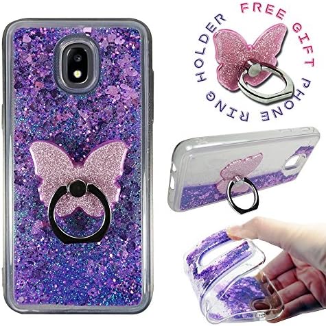 ZASE Case for J3 2018, J3 Star, J3 V 3rd Gen Verizon, J3 Achieve, Galaxy Amp Prime 3 Clear Case Liquid Glitter Sparkly Bling Phone Ring Stand (Purple)