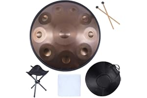 TREELF Handpan Drums Sets D Minor 22 inches Steel Hand Drum with Soft Hand Pan Bag, 2 handpan mallet,Handpan Stand(10 Notes, Gold)