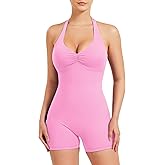 YEOREO Women Halter Workout Jumpsuits One Piece Backless Bodycon Bodysuits Hidden Scrunch V Back Yoga Joceline Short Romper