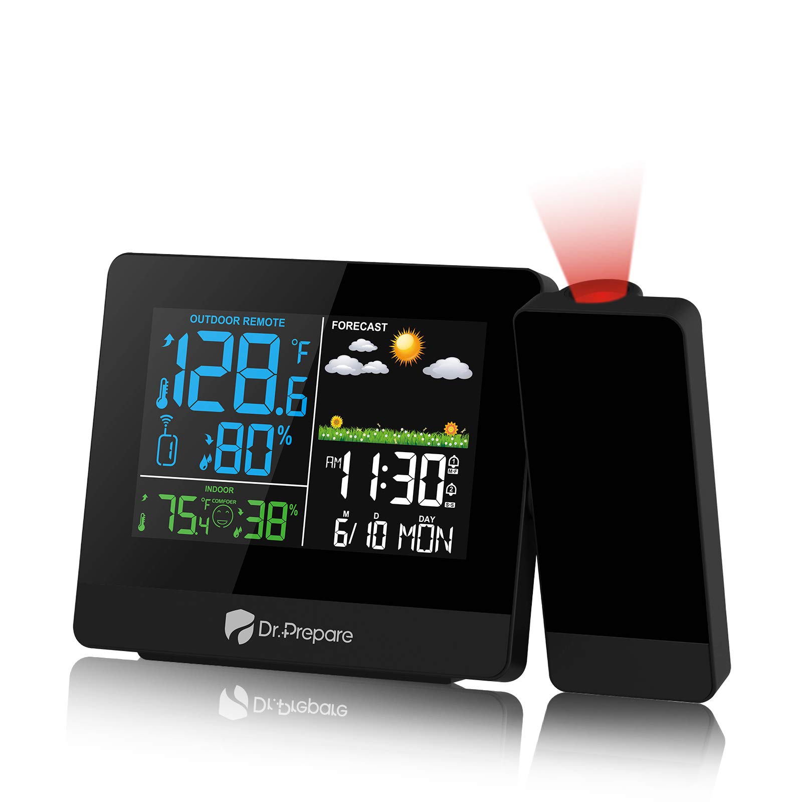 Photo 1 of DR.PREPARE Projection Alarm Clock, Digital Clock Projector on Ceiling with Indoor/Outdoor Temperature Display, Dual Alarms, Colored Backlight, Weather Forecast, and Battery Backup for Bedroom