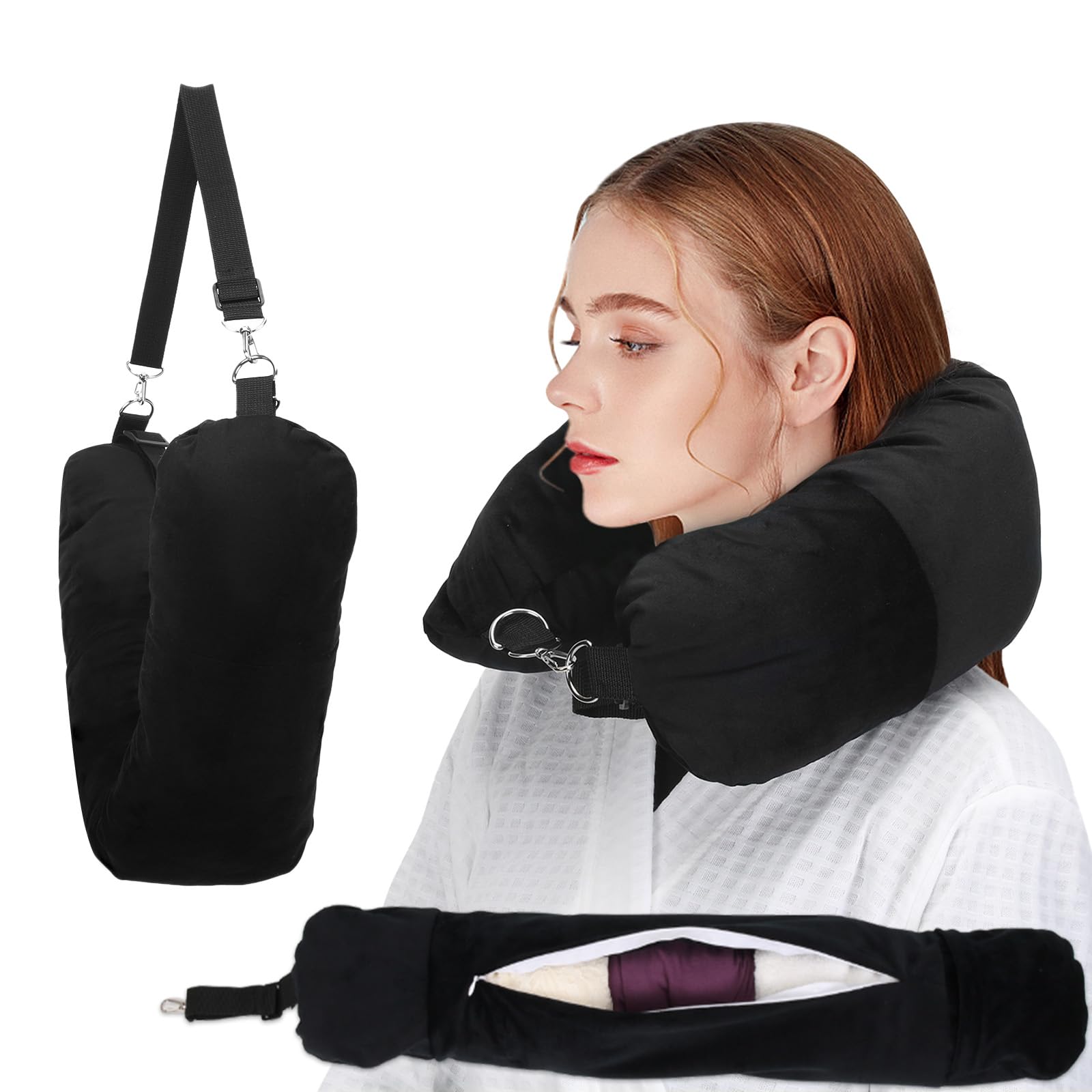 Photo 1 of NK HealthCare Stuffable Travel Pillow, Stuffable Neck Pillow for Travel, Travel Neck Pillow Stuffed with Clothes Storage - No Extra Baggage Fees, Fits 5+ Days of Travel Essentials, No Filler (Black)