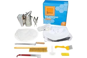 The Magnificent Bee Beekeeping Supplies Starter Kit, 11 Piece Set, All-in-One Beginner Tools and Pro Equipment with Large Beehive Smoker, Beekeeper Suit and Gloves, Extraction Scraper, and Feeder