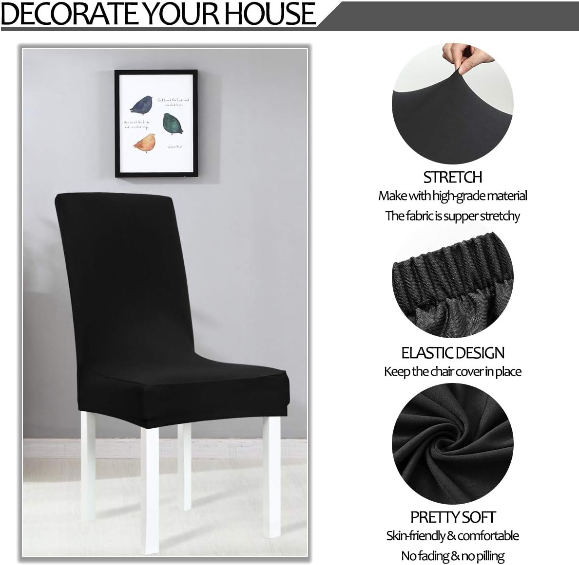 Obstal Black Stretch Spandex Dining Room Chair Covers – Set of 4 Universal Removable Washable Chair Seat Slipcovers Protector for Kitchen, Ceremony, Wedding, Banquet, Hotel and Party: Kitchen & Dining