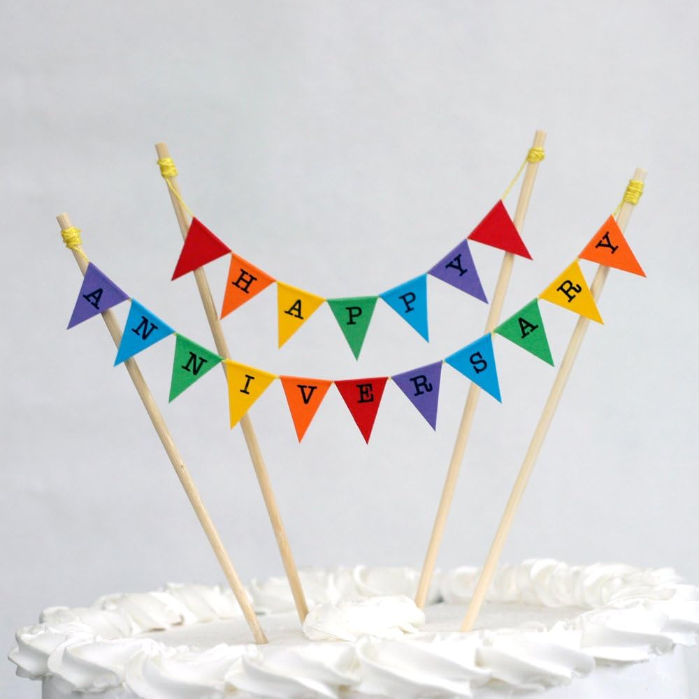 amazing buntings, Happy Anniversary, Cake Topper with 4 Poles, Rainbow Bunting Decoration, Adjustable Length, Premium Quality, 063