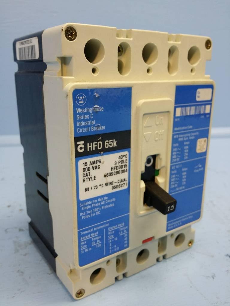 Eaton HFD3015 Panel Mount Type HFD Molded Case Circuit Breaker 3-Pole 15 Amp 600 Volt AC 250 Volt DC