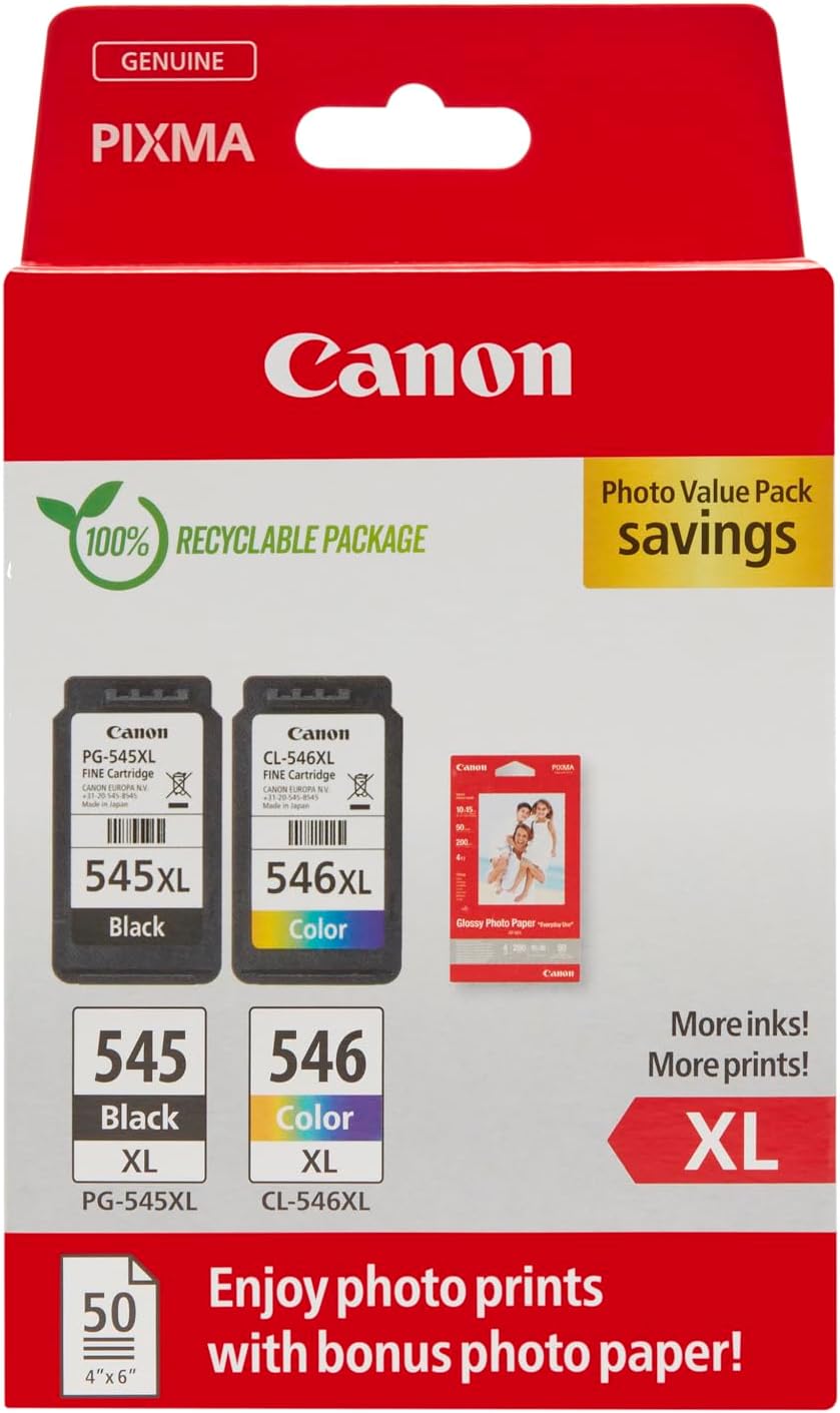 Canon PG-545 XL CL-546 XL Black Colour Ink Cartridges 50 Photo Paper Multipack