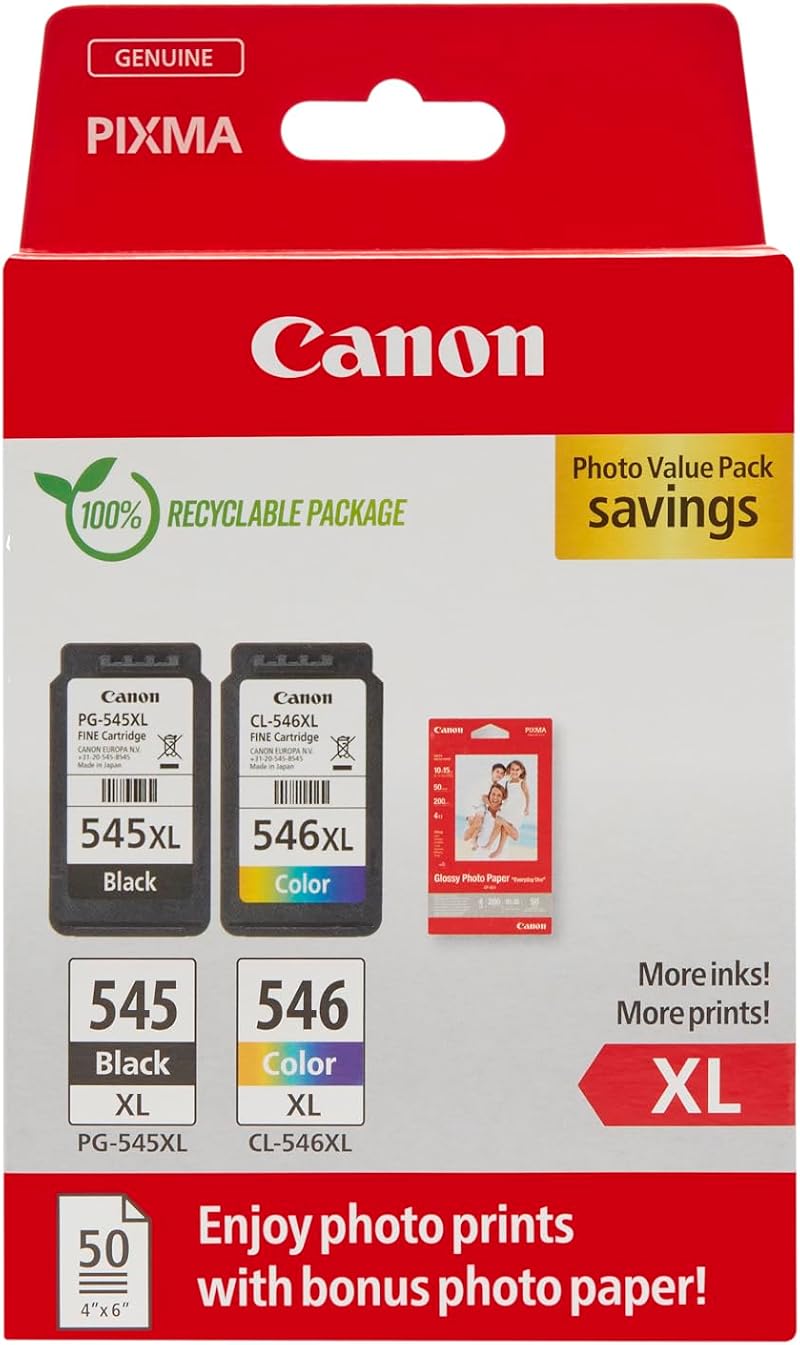 Canon PG-545 XL CL-546 XL Black Colour Ink Cartridges 50 Photo Paper Multipack