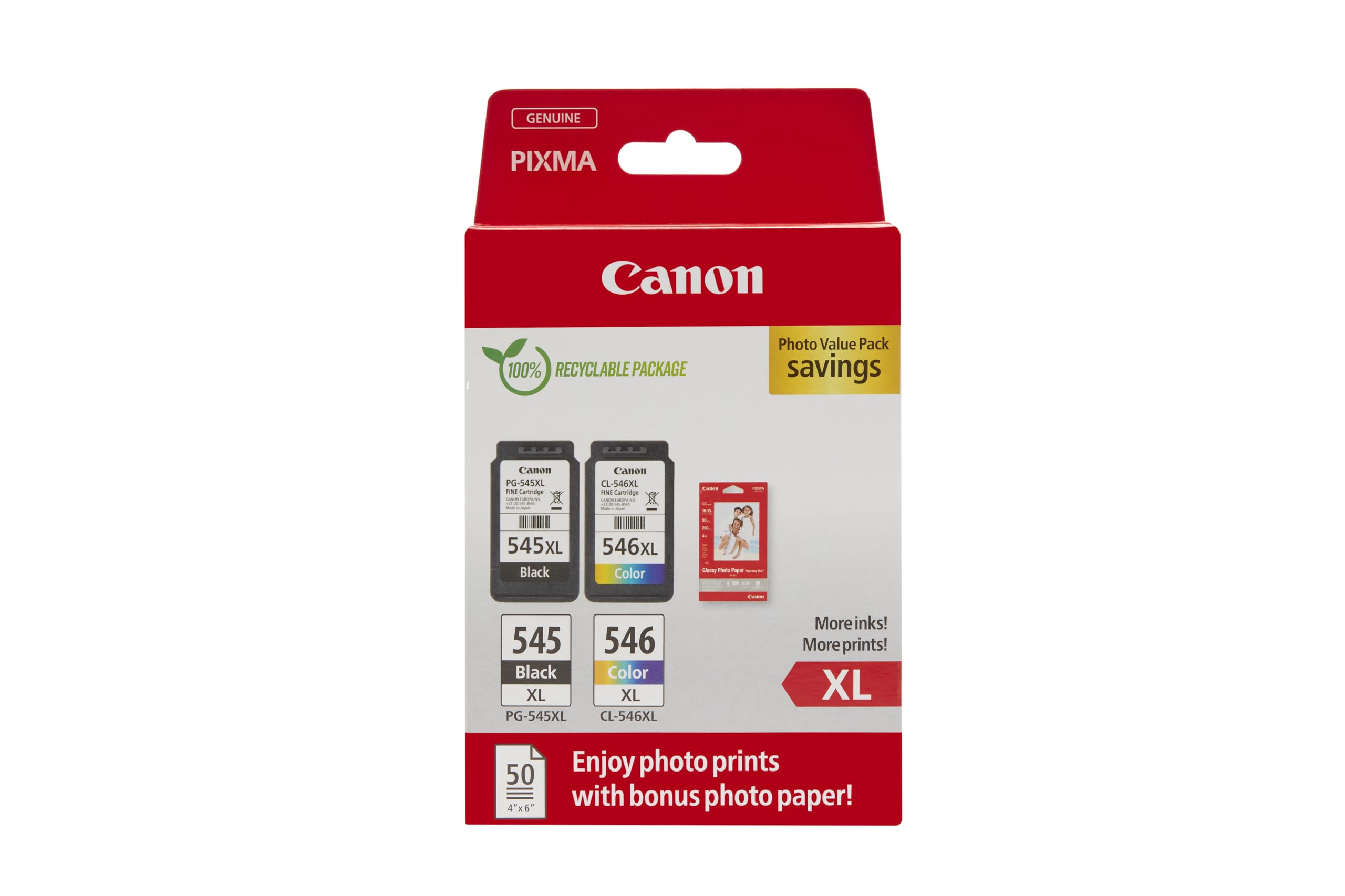 Canon PG-545 XL CL-546 XL VALUE SEC Pack of 2 cartridges (Black XL Colour XL) + 50 sheets of 10x15cm Photo Paper Genuine (Recycled Cardboard Multipack)